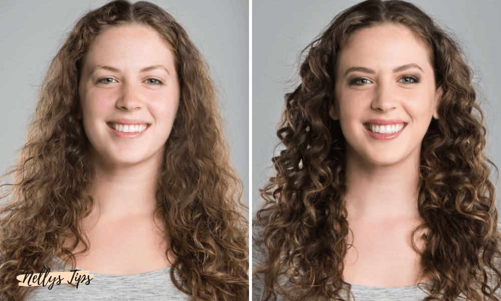 Före- och efterbild som visar resultatet av curl mousse för definierade, glänsande lockar.