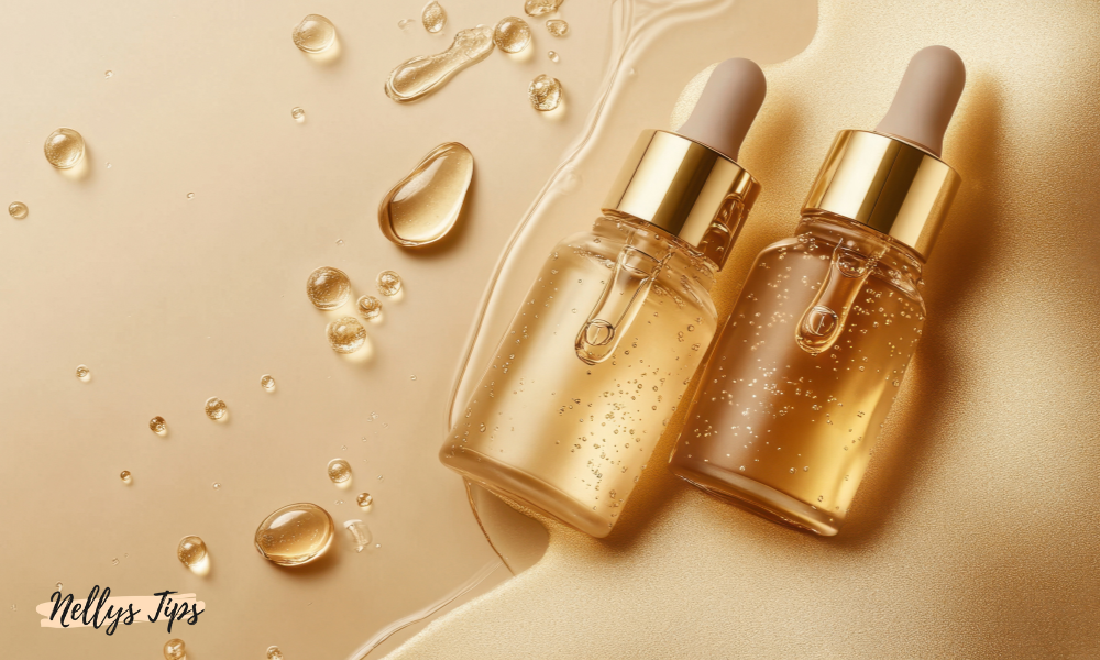 Två flaskor glow drops i guldtoner med pipett, liggande i droppar av skimrande serum.