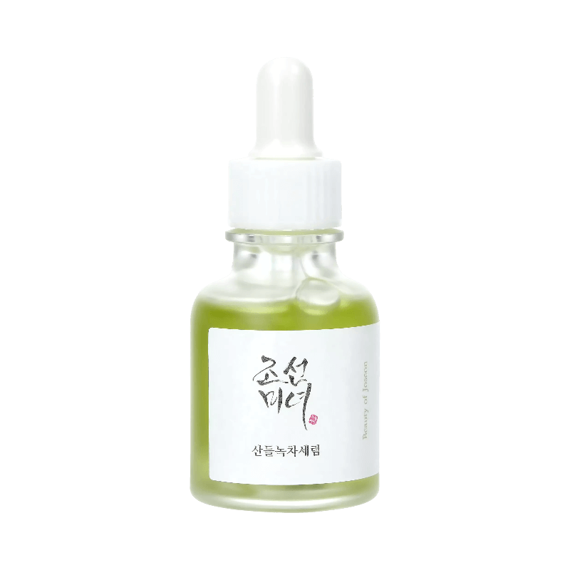Grönt lugnande serum från Beauty of Joseon med grönt te och panthenol i pipettflaska.