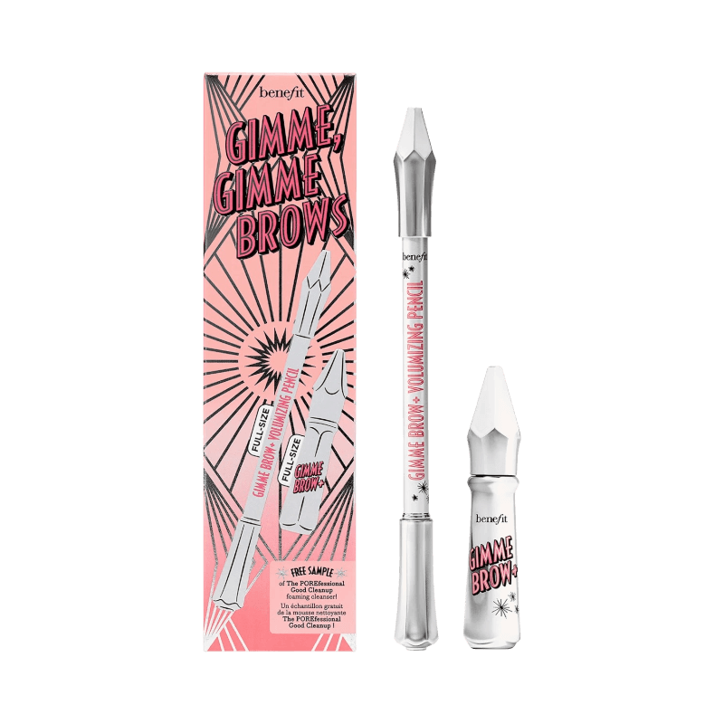 Benefit Gimme Gimme Brows set – ögonbrynspenna och bryngel i silverförpackning med rosa detaljbox