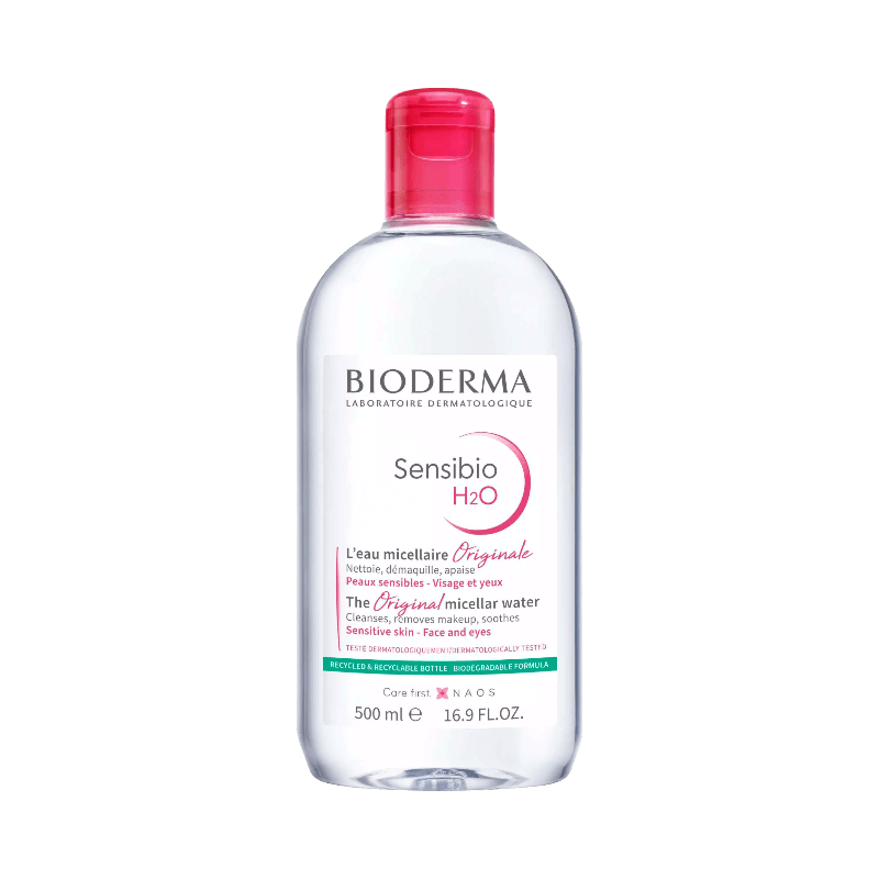 Bioderma Sensibio H2O 500 ml – ikoniskt micellärt vatten för känslig hud, rengör skonsamt och lugnar.