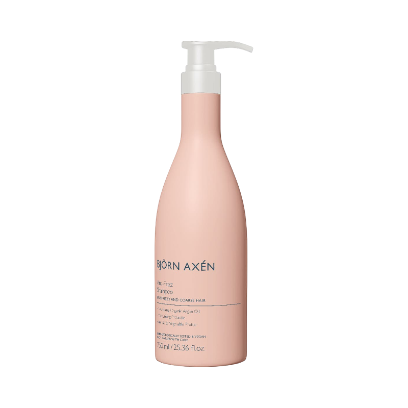 Björn Axén Anti-Frizz schampo i beige pumpflaska med arganolja för frissigt hår.