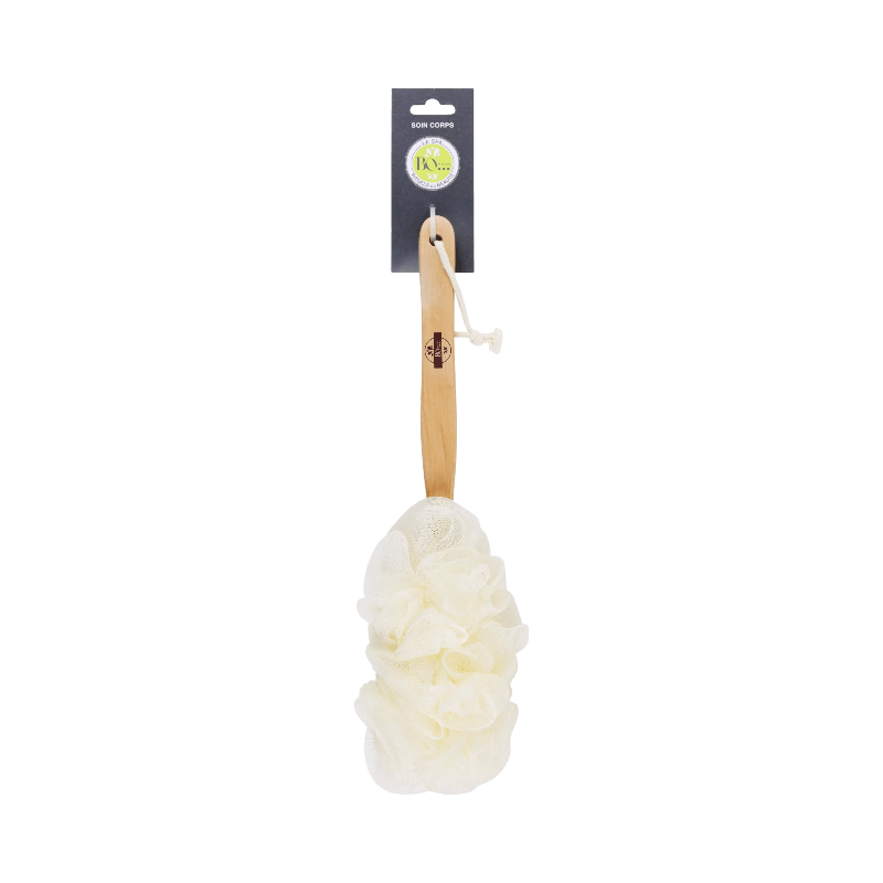 Badborste med mjuk duschpuff och träskaft – perfekt för skonsam rengöring och peeling av hela kroppen.