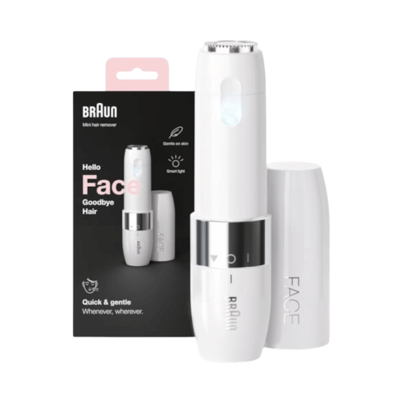 Braun Face Mini FS1000 – kompakt ansiktstrimmer med smart ljus för snabb och skonsam hårborttagning.