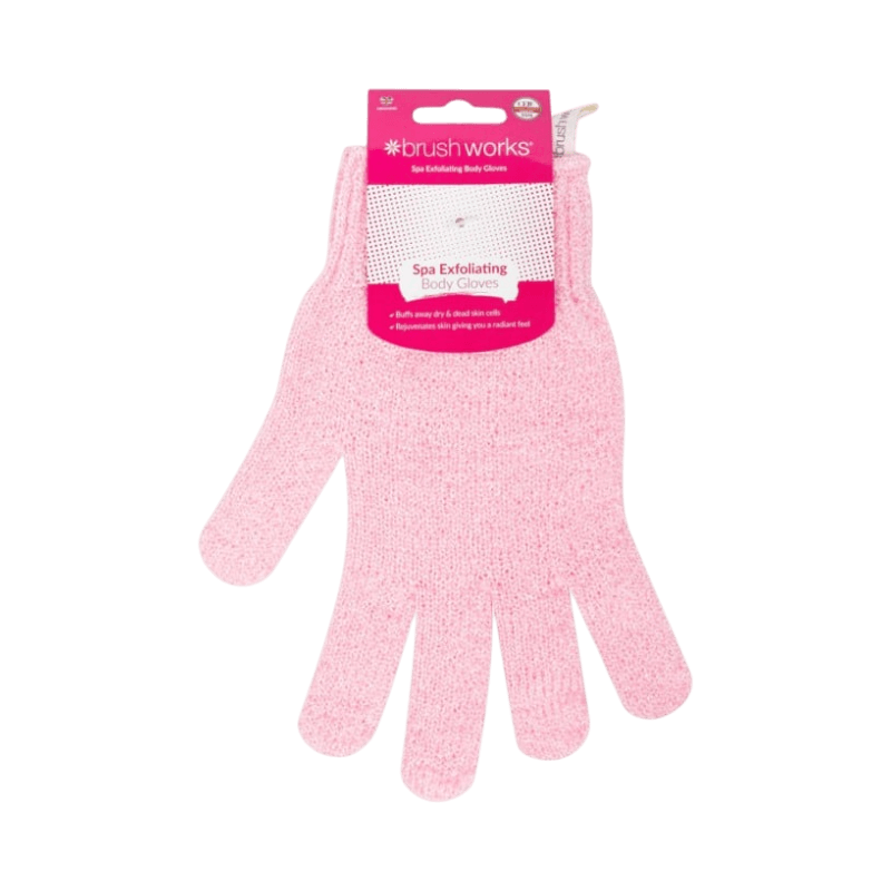 BrushWorks exfolierande handskar i rosa färg, idealiska för daglig kroppsskrubbning.