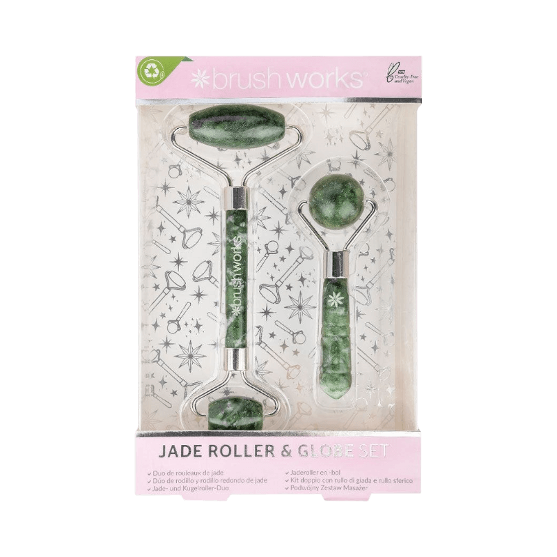 Brushworks set med jade roller och massageglob för ansiktsvård.