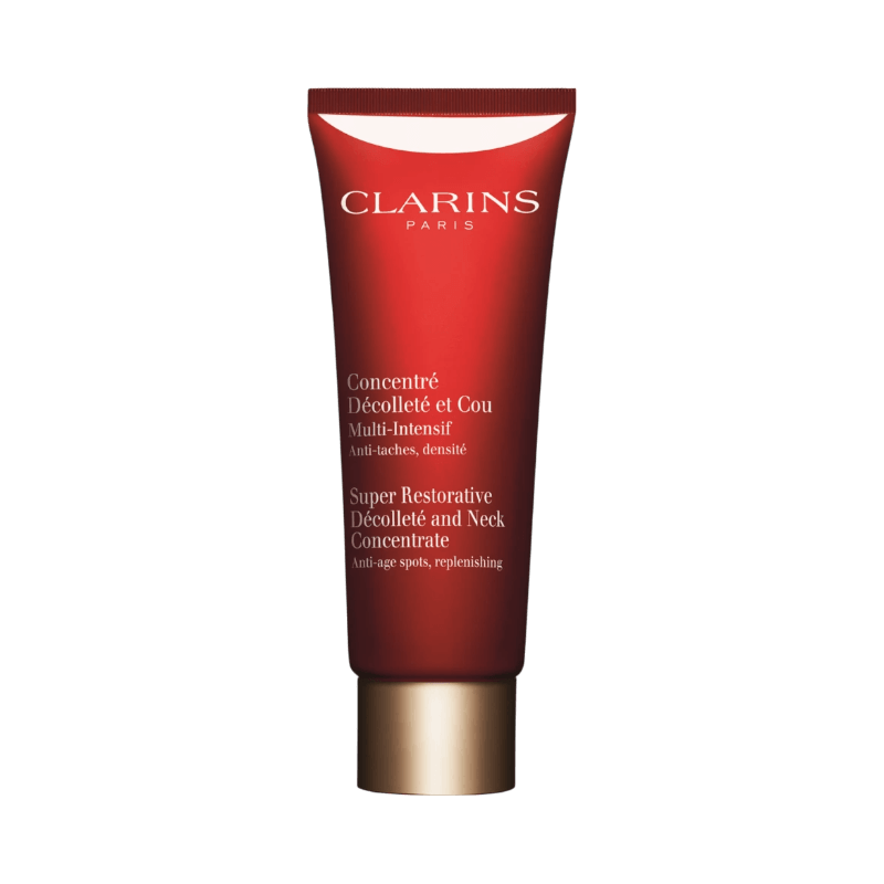 Anti-age hals- och dekolletagekräm från Clarins som reducerar pigmentfläckar och återfuktar huden.