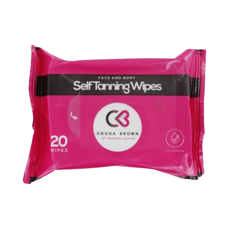 Cocoa Brown Self Tanning Wipes – rosa förpackning med 20 servetter för ansikte och kropp, ger snabb solbränna