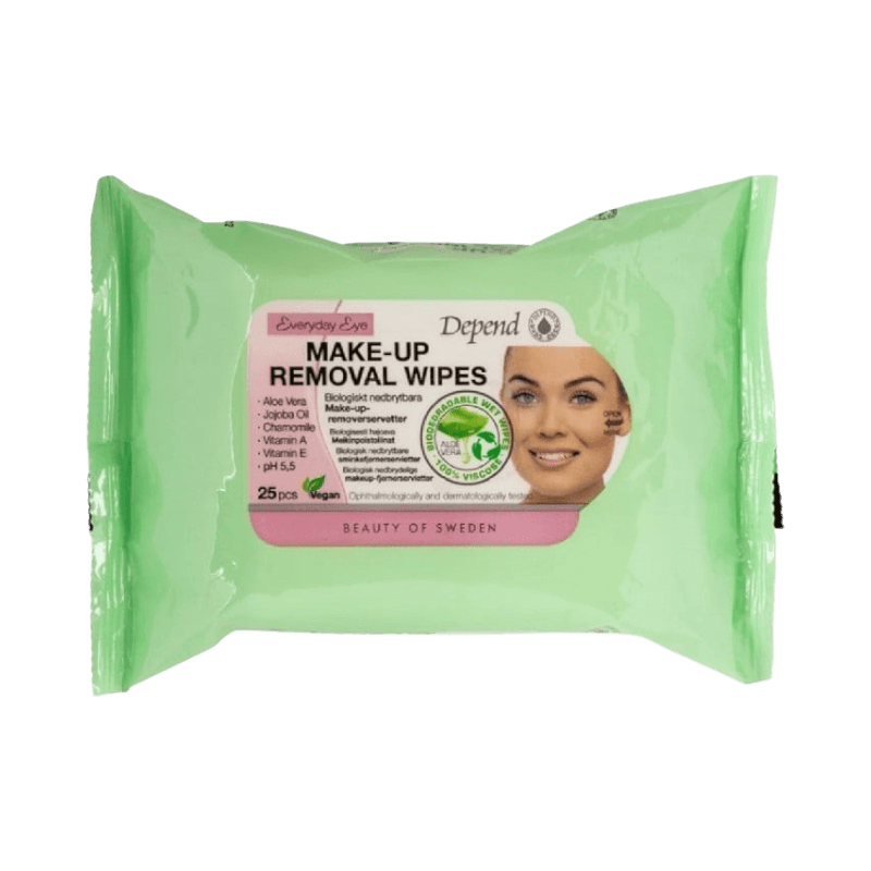 Depend Make-Up Removal Wipes – veganska rengöringsservetter med aloe vera och jojobaolja, 25 st