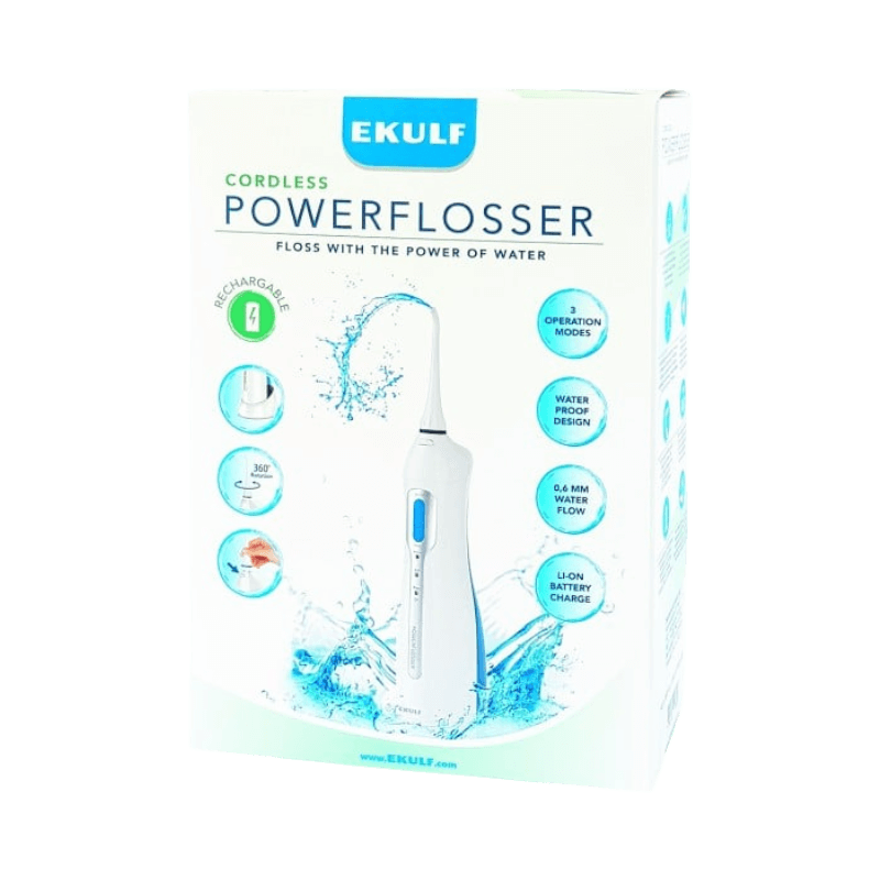 EKULF PowerFlosser i förpackning med information om funktioner och laddningsbar design