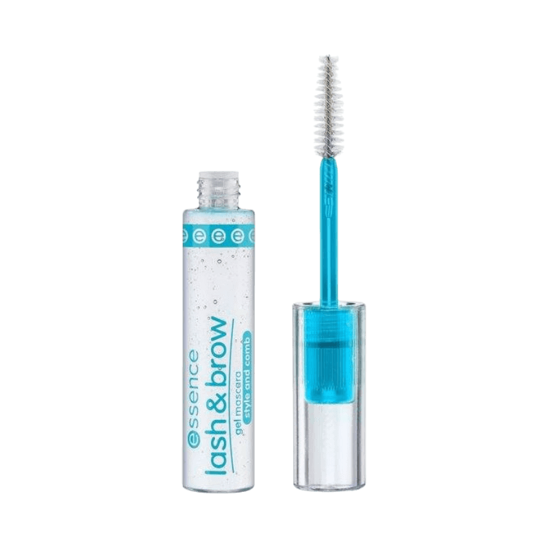 Essence Lash & Brow Gel Mascara – genomskinlig gel med blå applikator för naturlig styling av bryn och fransar
