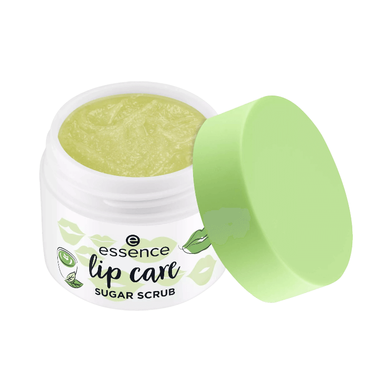 Essence Lip Care Sugar Scrub Matcha Latte – sockerpeeling i burk med vårdande grön te-formula.