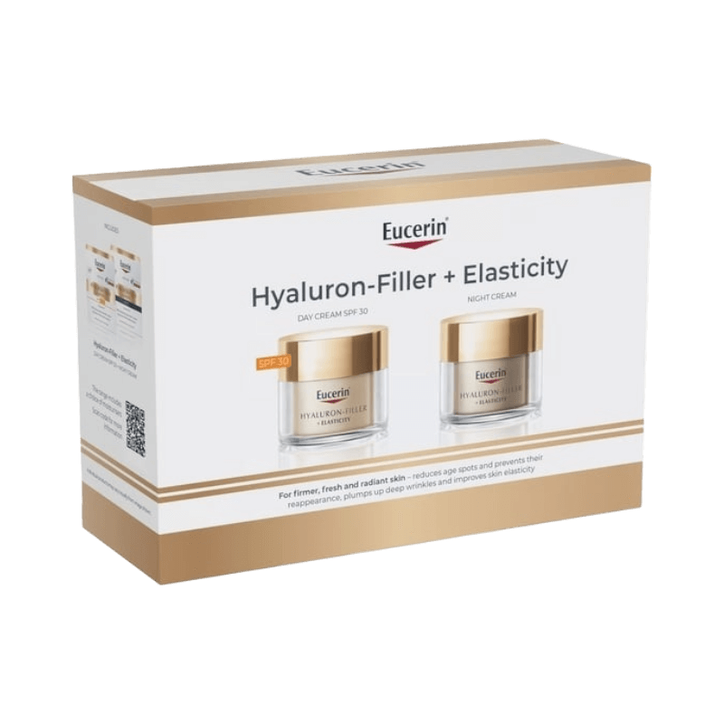 Eucerin Hyaluron-Filler + Elasticity dag- och nattkräm för spänst och minskade rynkor.