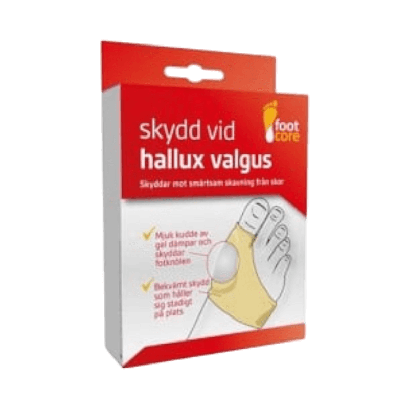 Footcore Hallux Valgus skydd med gelkudde som lindrar smärta och håller skyddet på plats.