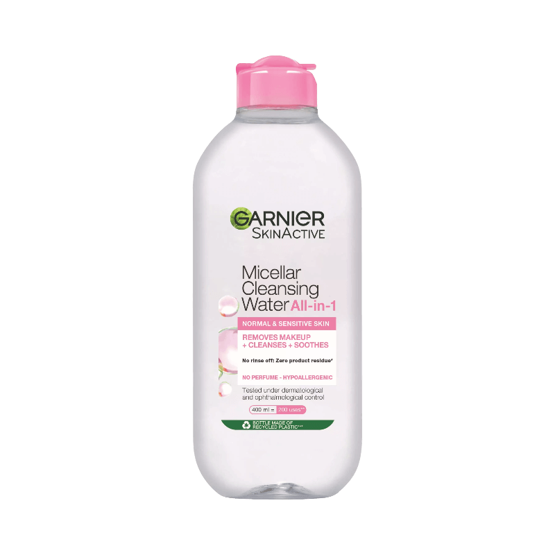 Garnier Micellar Cleansing Water – allt-i-ett rengöring för normal till känslig hud, tar bort makeup utan att skölja.