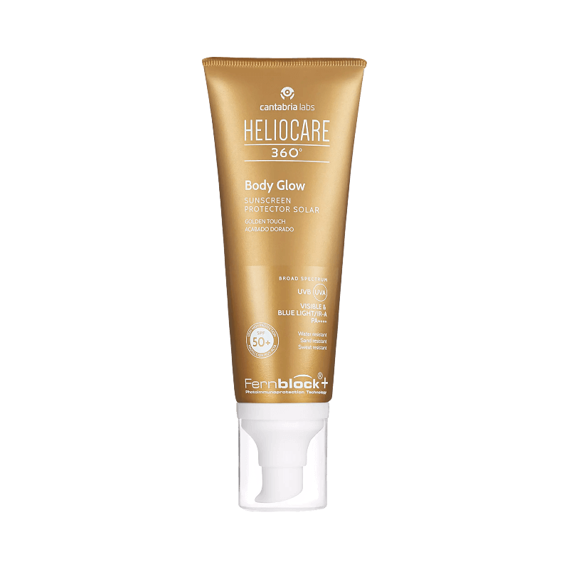 Heliocare 360° Body Glow SPF 50 – solskydd med gyllene lyster och bredspektrum UVA/UVB-skydd.