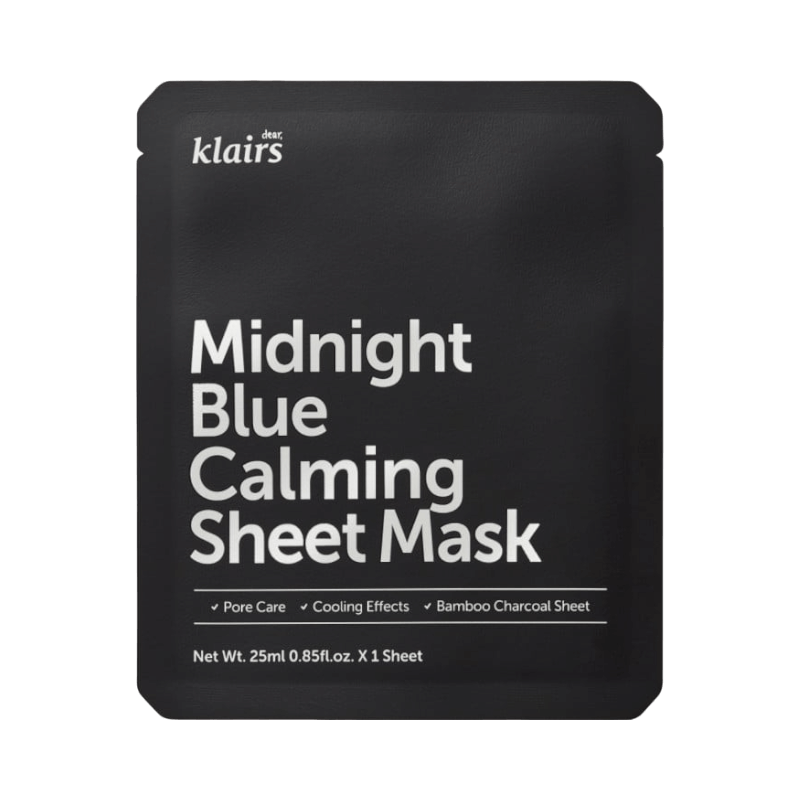 Klairs Midnight Blue Sheet Mask med bambukol – lugnande och svalkande vård för känslig hud och förstorade porer.