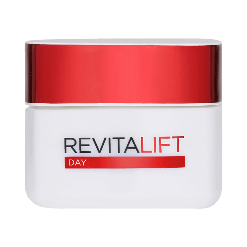 Revitalift dagkräm i vit burk med rött lock, motverkar rynkor och förbättrar hudens fasthet.