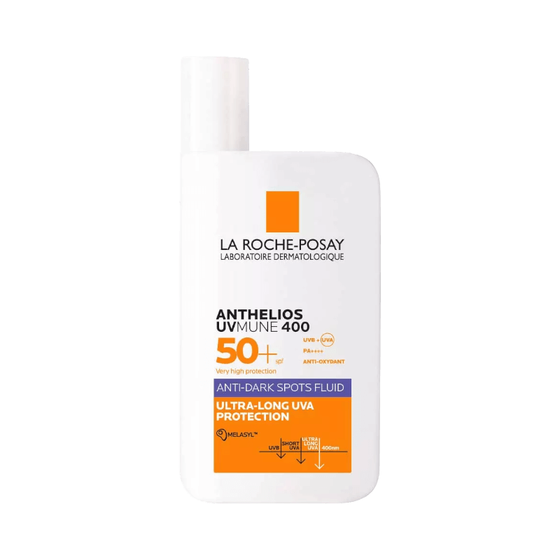 La Roche-Posay Anthelios SPF 50+ – solskyddsfluid som motverkar pigmentfläckar och ger långvarigt UVA-skydd.