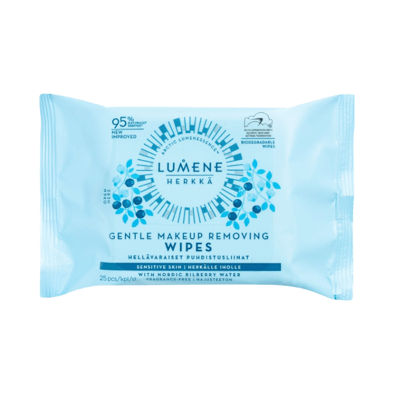 Lumene Herkkä makeup wipes – parfymfria, biologiskt nedbrytbara servetter med blåbärsvatten, 25 st