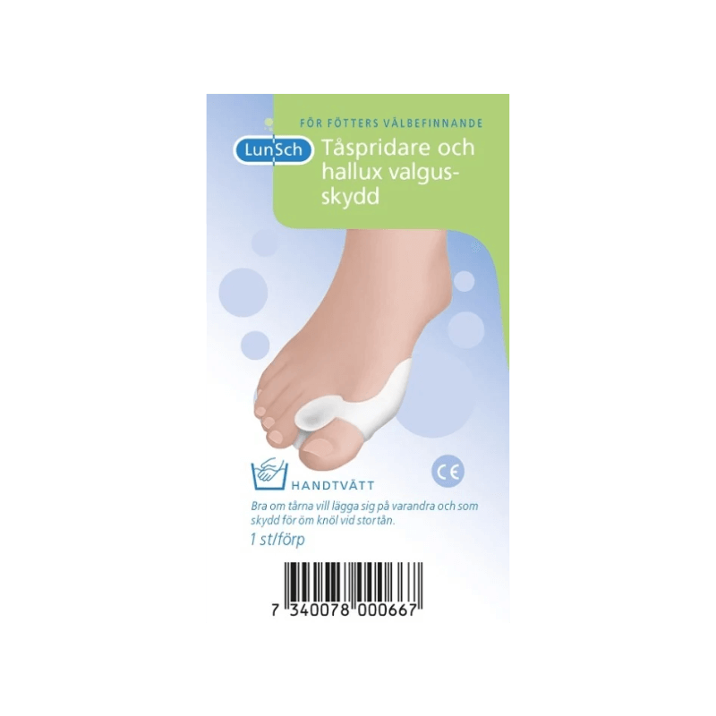 LunSch tåspridare och skydd vid Hallux Valgus – lindrar tryck och separerar tår.