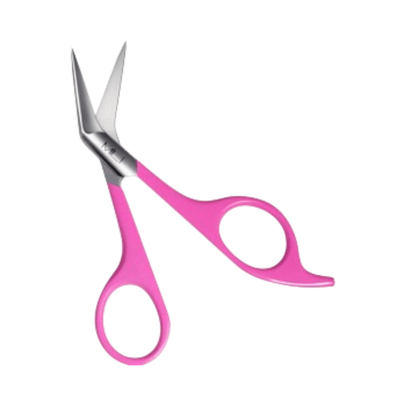 Rosa ögonbrynssax med böjd spets och ergonomiskt grepp för noggrann styling.