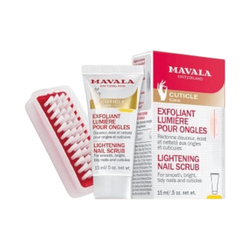 Mavala Lightening Nail Scrub set med exfolierande kräm och rengöringsborste för naglar.