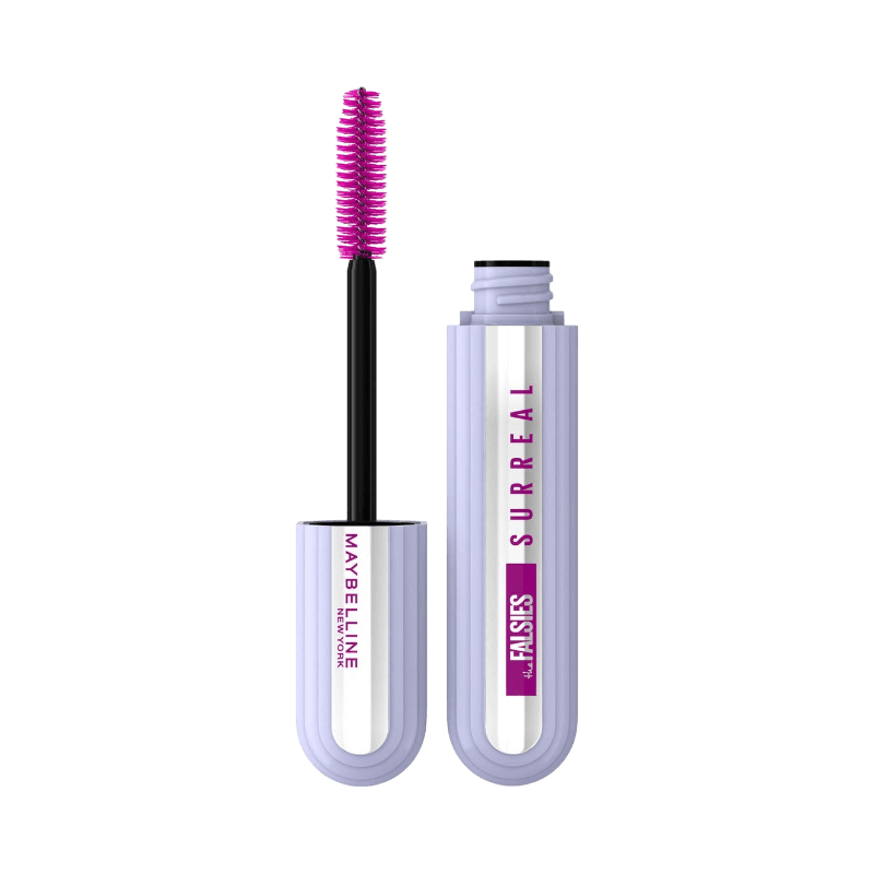 Maybelline Falsies Surreal mascara med lila hylsa och rosa borste för förlängda fransar