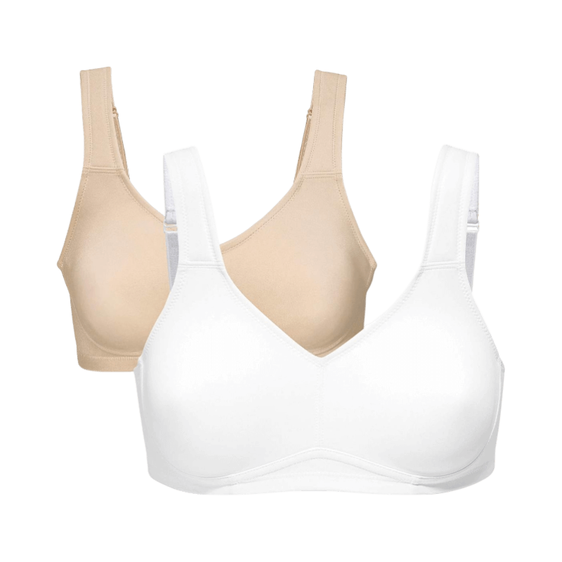Två mjuka bh:ar i beige och vitt utan bygel för naturligt stöd och komfort.
