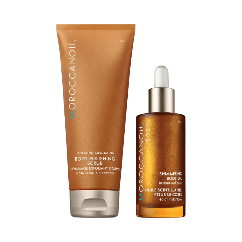 Moroccanoil Body Scrub och Shimmering Body Oil – exfolierar och ger huden omedelbar lyster.