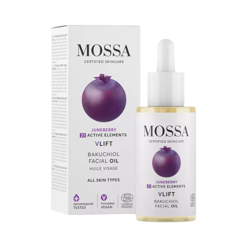 Mossa V-LIFT ansiktsolja med bakuchiol och juneberry i pipettflaska med kartong