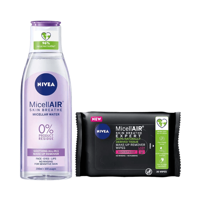 NIVEA MicellAIR Duo – micellärt vatten och wipes i set för effektiv makeupborttagning, även vattenfast.