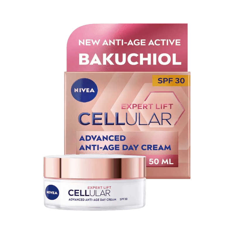 NIVEA Cellular Expert Lift dagkräm med bakuchiol och SPF 30 för avancerad anti-age-effekt.