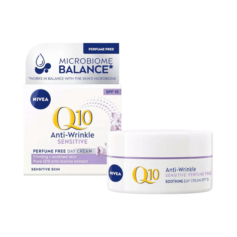 NIVEA Q10 Anti-Wrinkle dagkräm för känslig hud, parfymfri med SPF 15 och Q10.