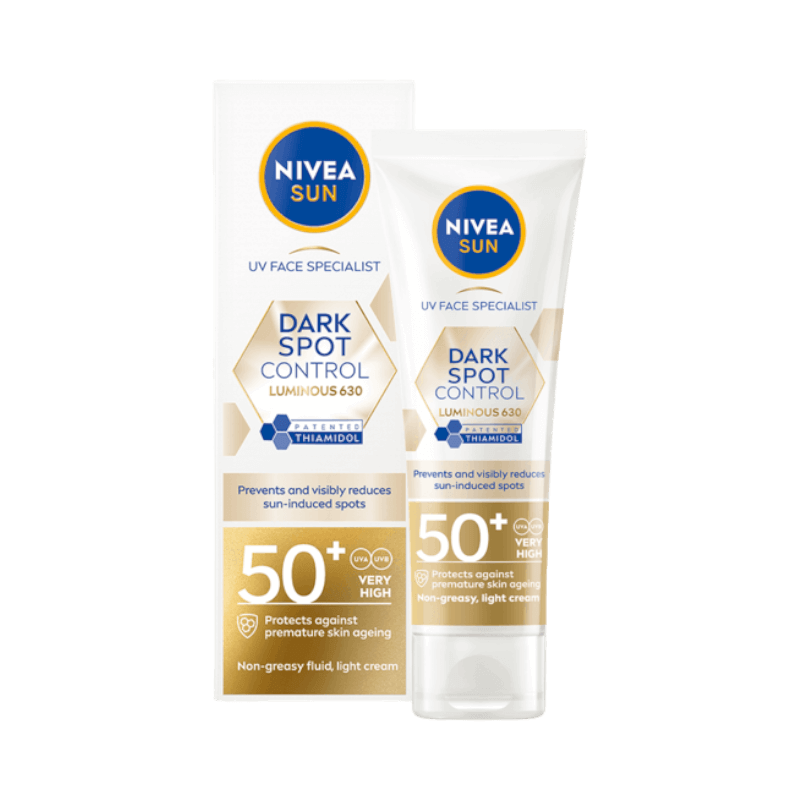 NIVEA Sun Luminous630 ansiktskräm med SPF 50+ – skyddar mot sol och minskar pigmentfläckar effektivt.