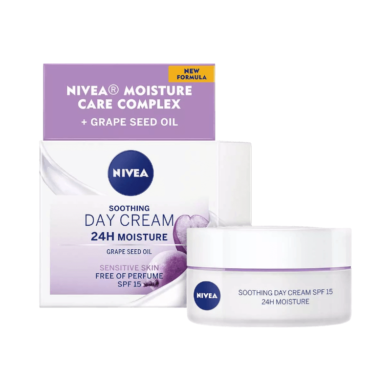 NIVEA Soothing dagkräm med druvkärnolja för känslig hud, 24 timmars återfuktning och SPF 15.