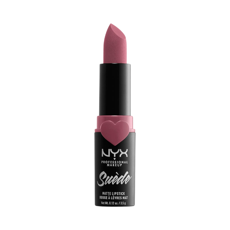 NYX Suede Matte Lipstick Soft Spoken med romantisk rosa ton och hjärtformad detalj