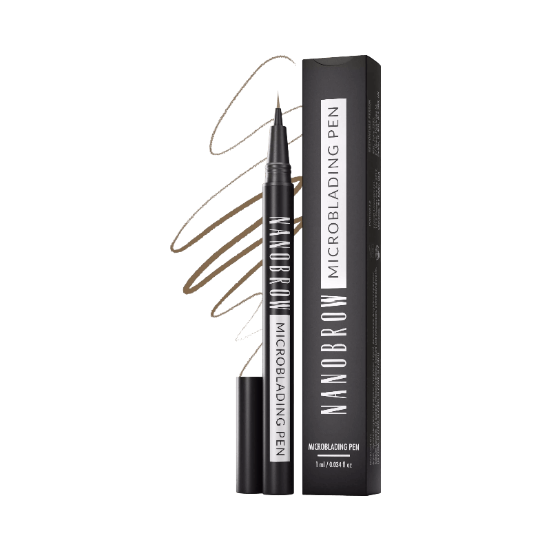 Nanobrow microbladingpenna i färgen Warm Brown med tunn spets och förpackning