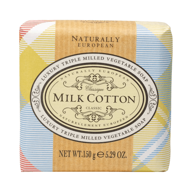 Naturally European Milk Cotton Soap – lyxig vegetabilisk tvål med mild doft och vackert mönstrad förpackning