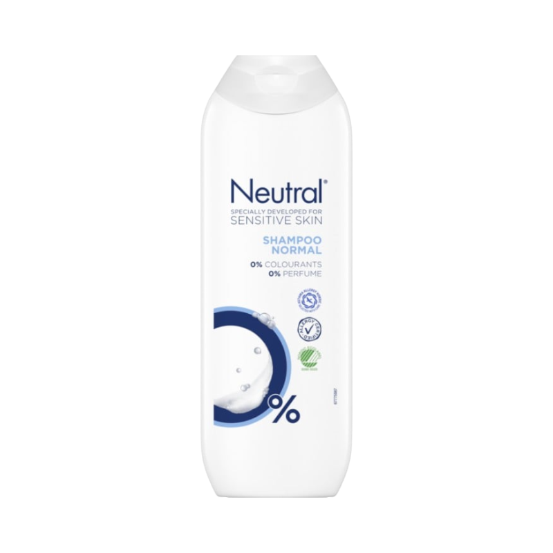 Neutral parfymfritt schampo för känslig hud i vit flaska med blå detaljer, 250 ml.