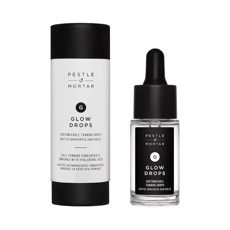 Pestle & Mortar Glow Drops i svart-vit förpackning, brun utan sol-droppar, 15 ml.