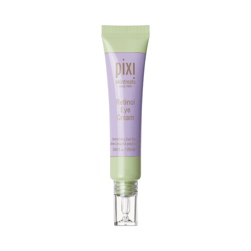 Pixi Retinol Eye Cream i grön och lila tub med genomskinlig applikator.