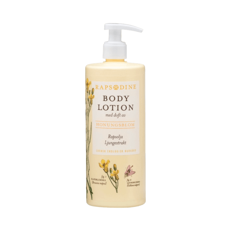 Rapsodine Body Lotion Honungsblom – svensk ekologisk hudvård med rapsolja och ljuvlig doft.