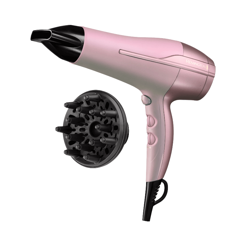 Rosa hårfön från Remington med munstycke och diffusor för skonsam styling.