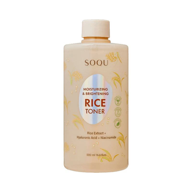 SOQU Rice Toner med risextrakt, hyaluronsyra och niacinamid i 500 ml beige flaska.