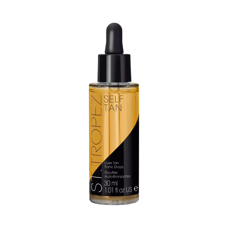 St. Tropez Luxe Tan Tonic Glow Drops med brun utan sol-effekt i elegant 30 ml flaska.