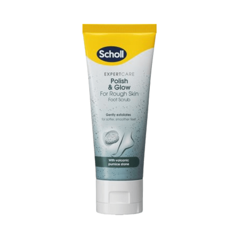 Scholl Polish & Glow fotskrubb – exfolierar skonsamt med vulkanisk pimpsten för mjuka fötter.