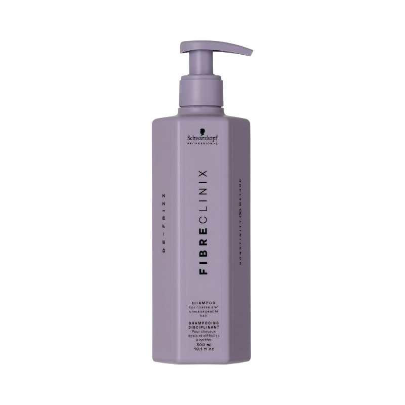 Schwarzkopf Fibre Clinix De-Frizz schampo i lila pumpflaska för svårhanterligt hår.