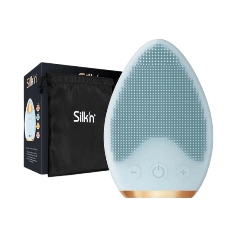 Silk’n Bright Lux ansiktsborste med silikonyta och kontrollknappar, levereras med förvaringspåse.