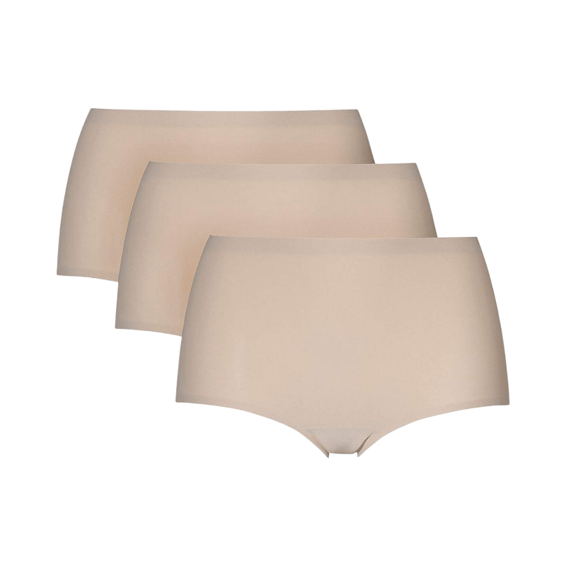 Tre pack hudfärgade trosor med hög midja och sömlös design.